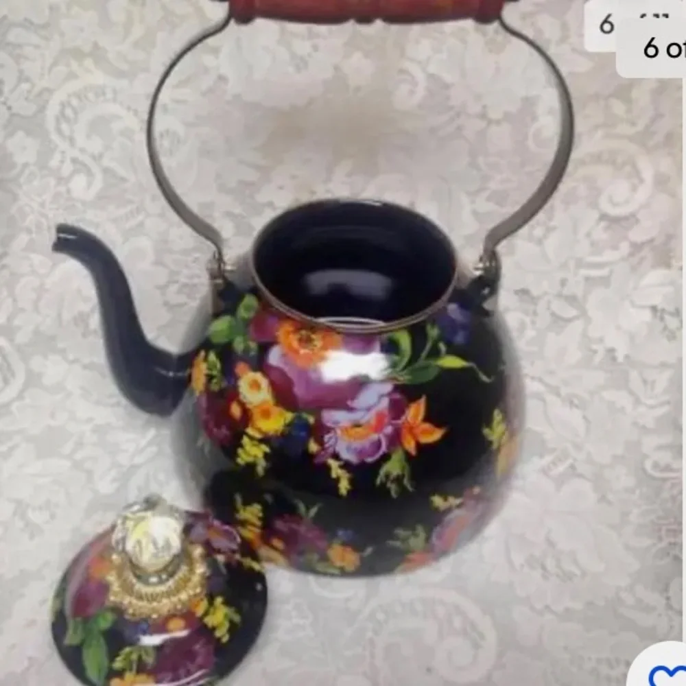 MacKenzie Childs Black Flower Market Enamel 144 oz-4.5 Qts Tea Kettle w/ 4 Mugs - Picture 6 of 11